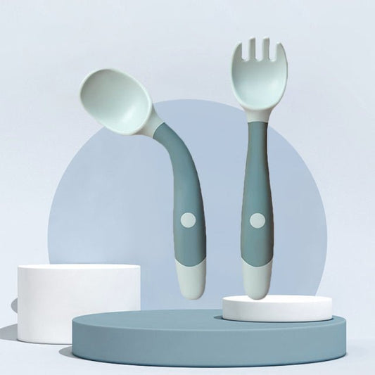 Baby Bestek Set Met Siliconen Lepel En Vork Antislip - KidsKorner