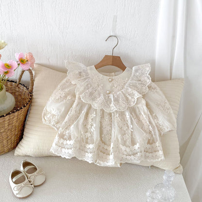 Baby Meisjes Romperjurk Met Tule – Bloemenborduur Met Ruches Lange Mouw 3 Tot 24 Maanden - KidsKorner