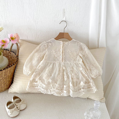 Baby Meisjes Romperjurk Met Tule – Bloemenborduur Met Ruches Lange Mouw 3 Tot 24 Maanden - KidsKorner