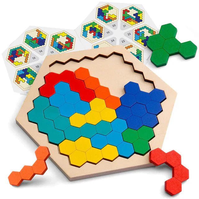 Houten Hexagon Puzzel Denkspel Met Voorbeeldkaarten - KidsKorner