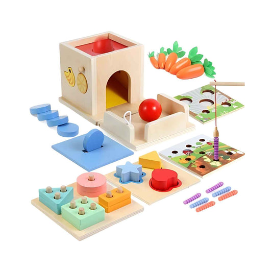Montessori Activiteitenkubus Van Hout – 8 In 1 Motoriek Speelgoed Met Opbergtas 1–6 Jaar - KidsKorner