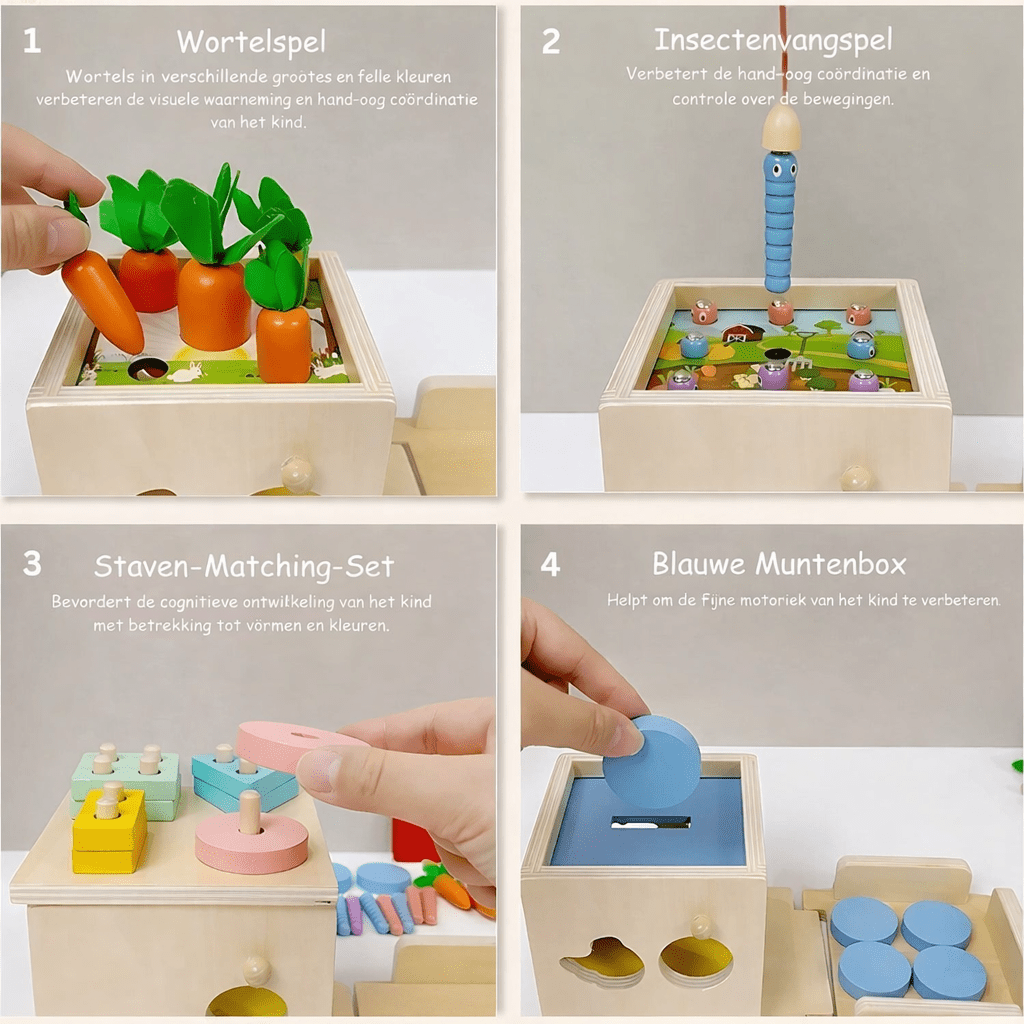 Montessori Activiteitenkubus Van Hout – 8 In 1 Motoriek Speelgoed Met Opbergtas 1–6 Jaar - KidsKorner
