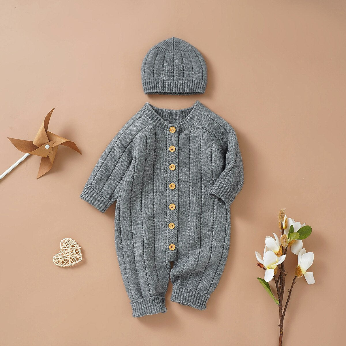 Warme Baby Romper Set Met Knopen En Muts - KidsKorner