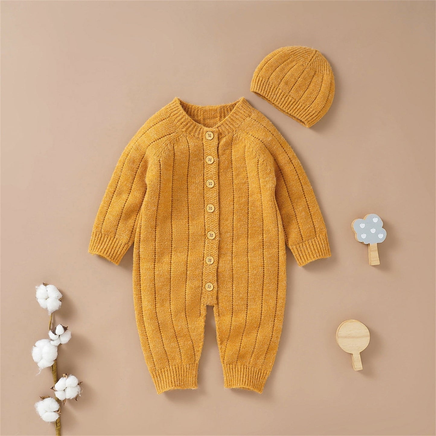 Warme Baby Romper Set Met Knopen En Muts - KidsKorner